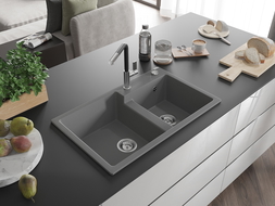 Mexen Tomas évier en granit à 2 bacs avec robinet de cuisine Flora, gris - 6516-71-670401-07