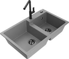Mexen Tomas évier de cuisine en granit à 2 bacs avec robinet Flora, gris - 6516-71-670401-70-B