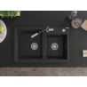 Mexen Tomas évier de cuisine en granit à 2 bacs avec robinet de cuisine Flora, noir/métallisé argent - 6516-73-670401-07