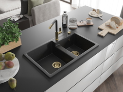 Mexen Tomas évier en granit 2 cuves avec robinet de cuisine Flora, noir/argent métallisé - 6516-73-670401-57-G