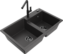 Mexen Tomas évier de cuisine en granit 2 bacs avec mitigeur Flora, noir moucheté - 6516-76-670401-70-B