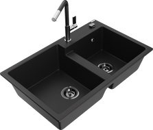 Mexen Tomas évier en granit à 2 bacs avec robinet de cuisine Flora, noir - 6516-77-670401-07-B