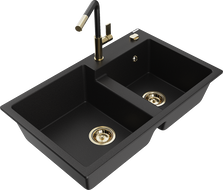 Mexen Tomas évier en granit à 2 bacs avec mitigeur de cuisine Flora, noir - 6516-77-670401-57-G