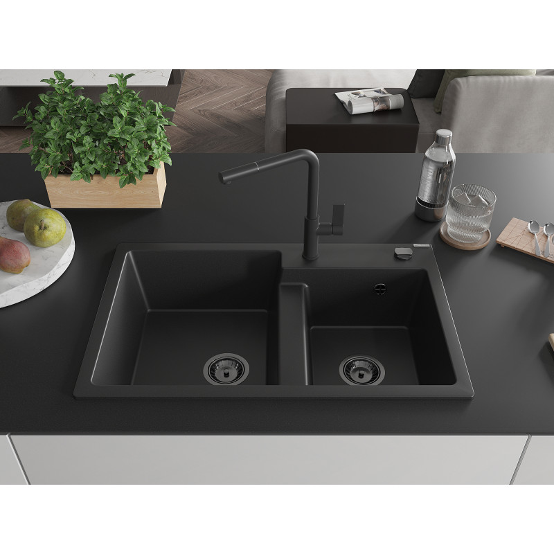 Mexen Tomas évier composite 2 bacs avec robinet de cuisine Flora, noir - 6516-77-670401-70-B