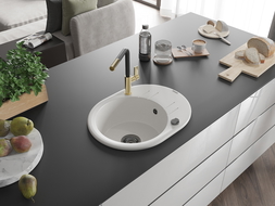 Mexen Kevin évier de cuisine en granit 1 bac avec égouttoir et robinet de cuisine Flora, blanc - 6517-20-670401-57-B