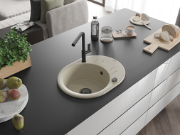 Mexen Kevin évier de cuisine en granit à 1 bac avec égouttoir et robinet de cuisine Flora, beige - 6517-69-670401-70-B