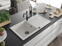 Mexen Leo évier en granit à 1 bac avec égouttoir et robinet de cuisine Carla, blanc - 6501-20-670700-70
