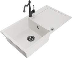 Mexen Leo évier en granit à 1 bac avec égouttoir et robinet de cuisine Carla, blanc - 6501-20-670700-70