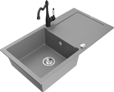 Mexen Leo évier en granit à 1 bac avec égouttoir et robinet de cuisine Carla, gris - 6501-71-670700-70