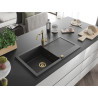 Mexen Leo évier granite 1 bac avec égouttoir et robinet de cuisine Carla, noir moucheté - 6501-76-670700-50
