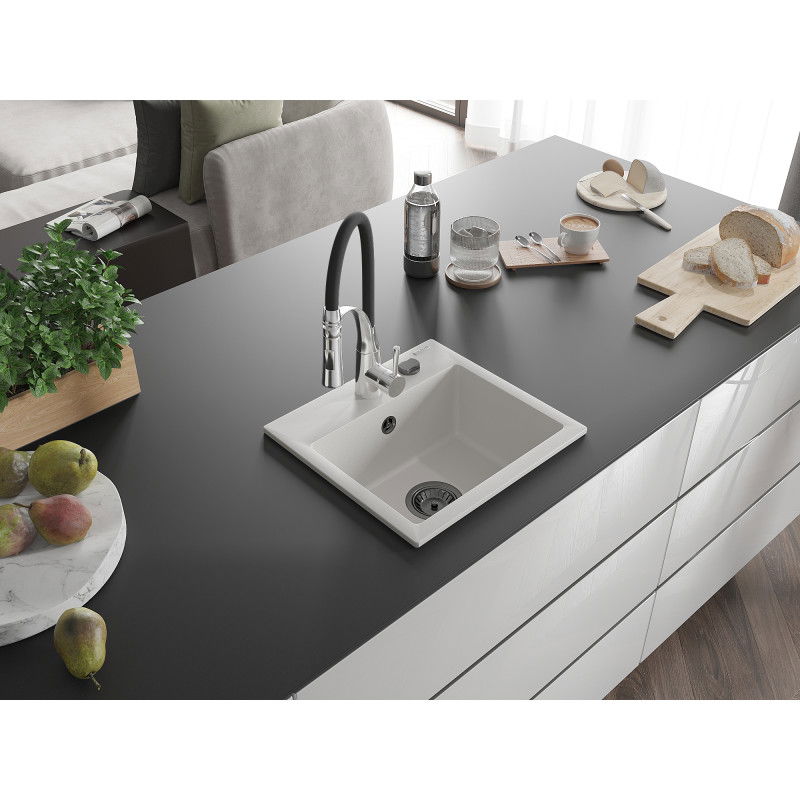 Mexen Milo évier en granit 1 bac avec robinet de cuisine Aster, blanc - 6505-20-73450-07-B