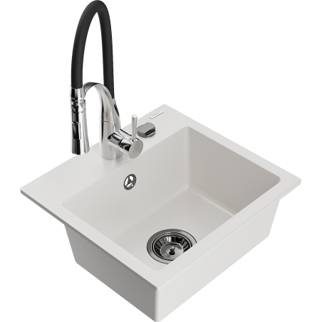Mexen Milo évier en granit 1 bac avec robinet de cuisine Aster, blanc - 6505-20-73450-07-B