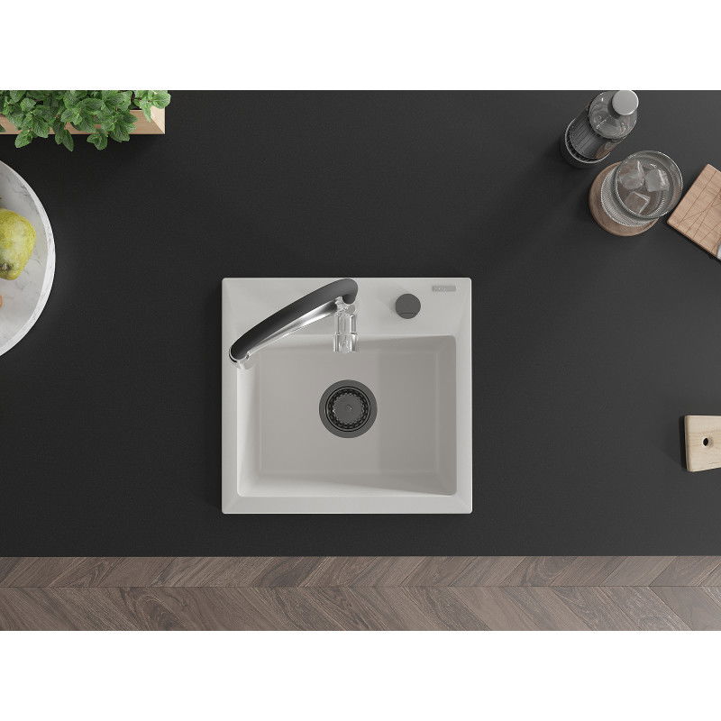 Mexen Milo évier en granit 1 bac avec robinet de cuisine Aster, blanc - 6505-20-73450-07-B