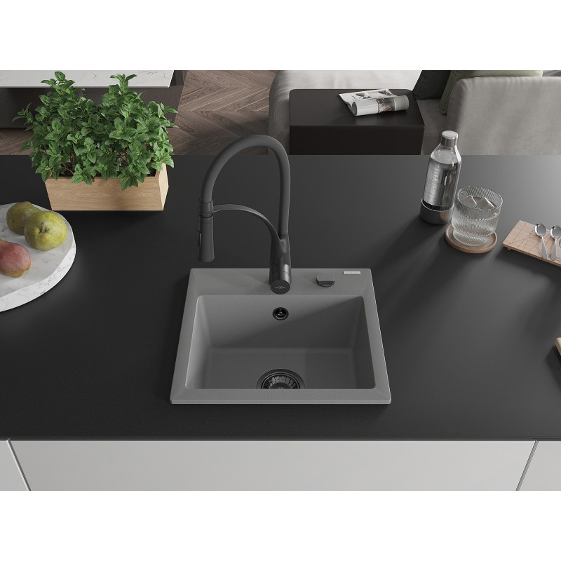 Mexen Milo évier en granit 1 bac avec robinet de cuisine Aster, gris - 6505-71-73450-70-B