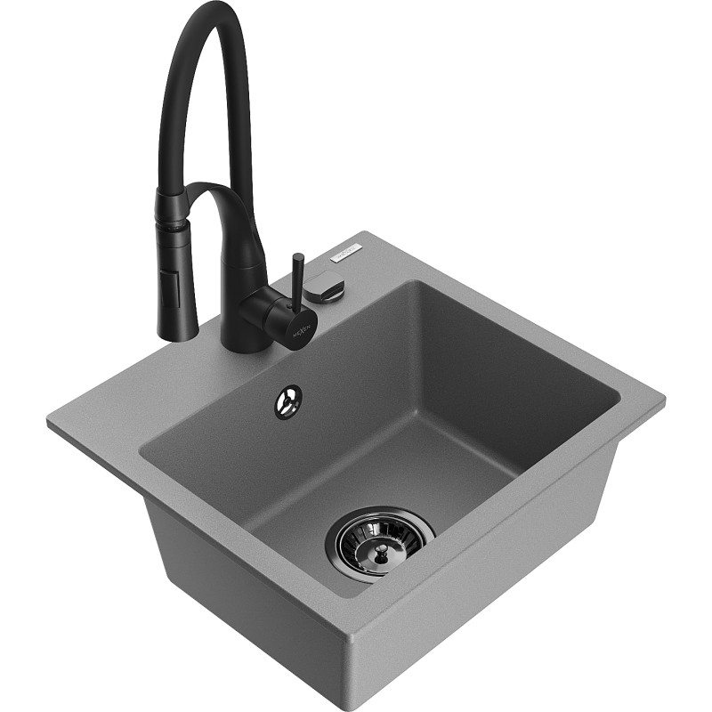 Mexen Milo évier en granit 1 bac avec robinet de cuisine Aster, gris - 6505-71-73450-70-B