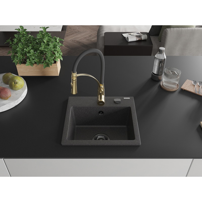 Mexen Milo évier de cuisine en granit 1 bac avec robinet de cuisine Aster, noir moucheté - 6505-76-73450-57-B