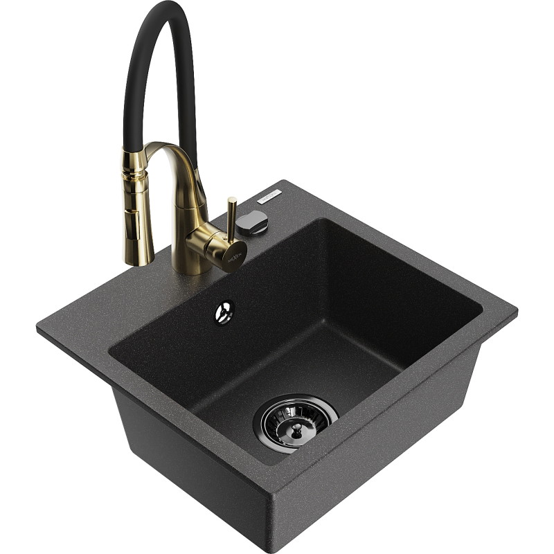 Mexen Milo évier de cuisine en granit 1 bac avec robinet de cuisine Aster, noir moucheté - 6505-76-73450-57-B