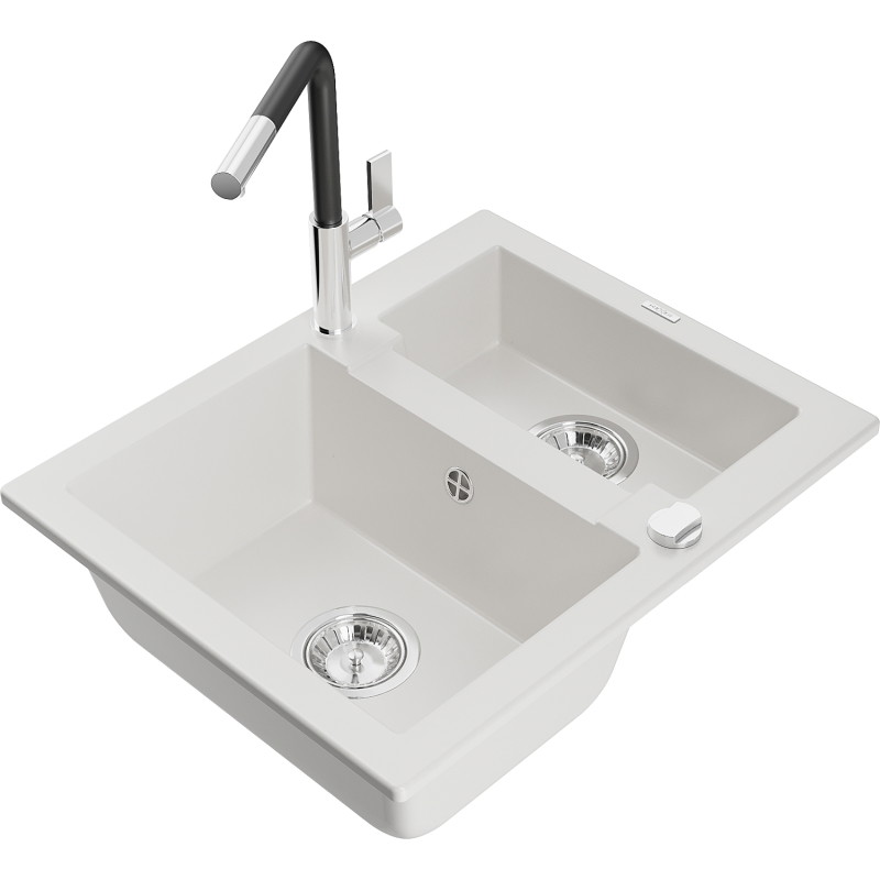 Mexen Carlos évier en granit 1,5-cuves avec robinet de cuisine Flora, blanc - 6518-20-670401-07