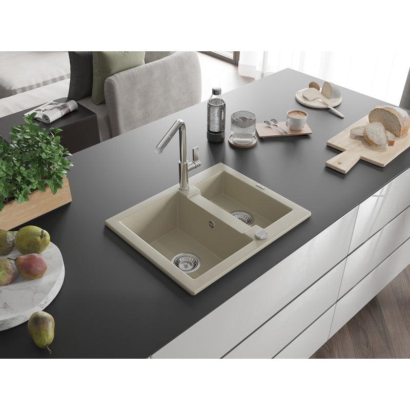 Mexen Carlos évier en granit 1,5 bac avec robinet de cuisine Flora, beige - 6518-69-670401-00