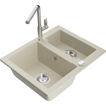 Mexen Carlos évier en granit à 1,5 cuve avec robinet mélangeur Flora, Beige - 6518-69-670401-00