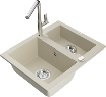 Mexen Carlos évier en granit 1,5 bac avec robinet de cuisine Flora, beige - 6518-69-670401-00