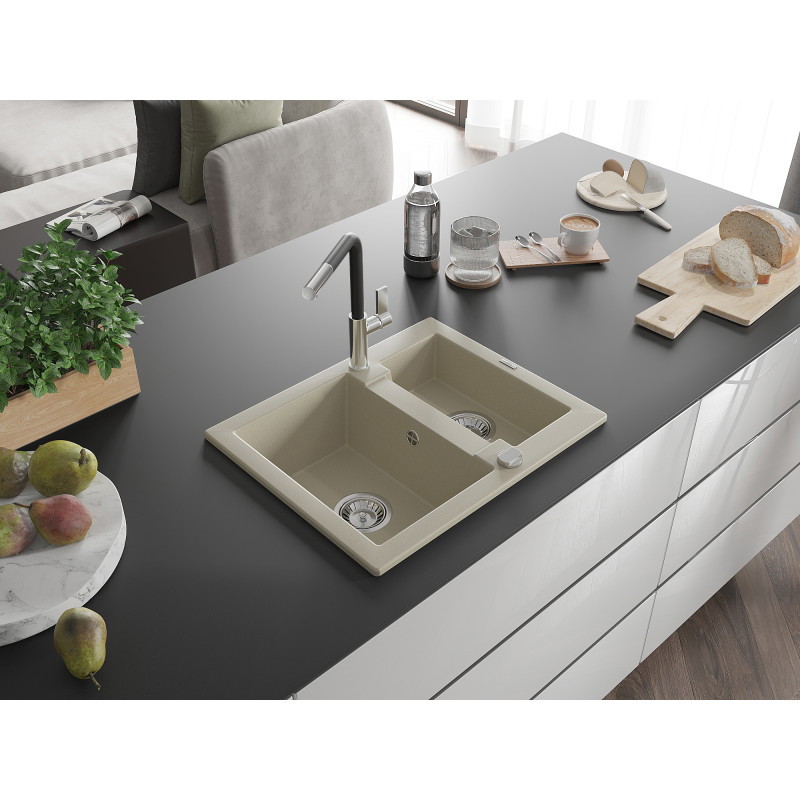 Mexen Carlos évier en granit 1,5 bac avec robinet de cuisine Flora, beige - 6518-69-670401-07