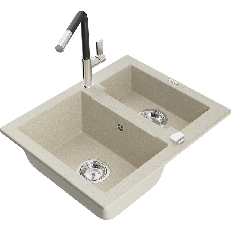 Mexen Carlos évier en granit 1,5 cuves avec robinet de cuisine Flora, beige - 6518-69-670401-07