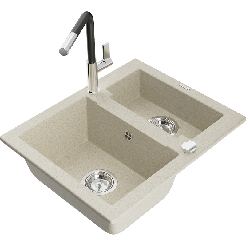 Mexen Carlos évier en granit à 1,5 cuve avec robinet mélangeur Flora, Beige - 6518-69-670401-07