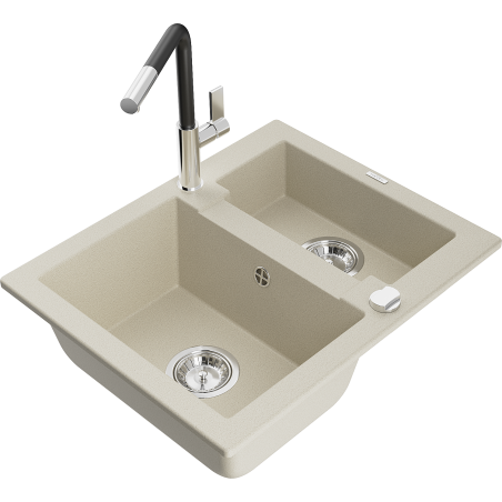 Mexen Carlos évier en granit 1,5 cuves avec robinet de cuisine Flora, beige - 6518-69-670401-07