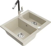 Mexen Carlos évier en granit 1,5 bac avec robinet de cuisine Flora, beige - 6518-69-670401-07