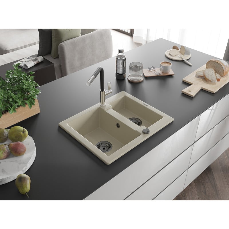 Mexen Carlos évier de cuisine en granit 1,5 bac avec robinet Flora, beige - 6518-69-670401-07-B