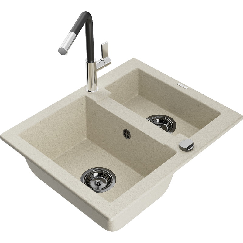 Mexen Carlos évier en granit 1,5 bac avec robinet de cuisine Flora, beige - 6518-69-670401-07-B