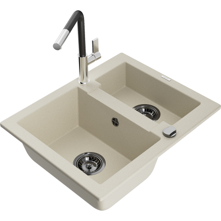 Mexen Carlos évier en granit 1,5 bac avec robinet de cuisine Flora, beige - 6518-69-670401-07-B