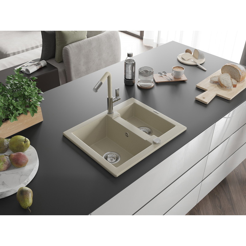 Mexen Carlos évier en granit 1,5 bac avec robinet de cuisine Flora, beige - 6518-69-670401-09