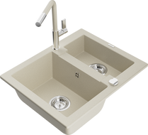 Mexen Carlos évier en granit 1,5 bac avec robinet de cuisine Flora, beige - 6518-69-670401-09