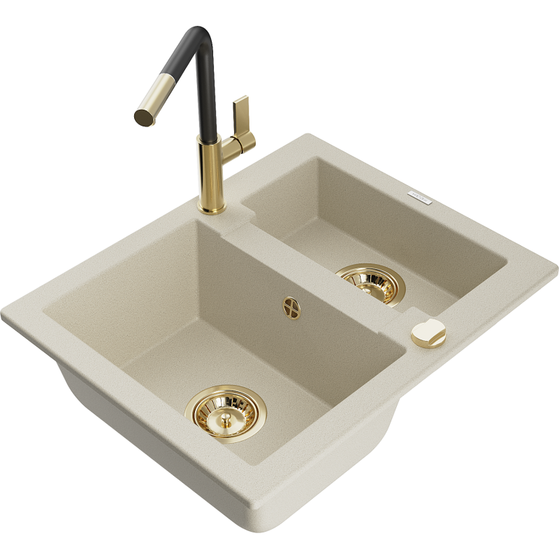 Mexen Carlos évier en granit 1,5 bac avec robinet de cuisine Flora, beige - 6518-69-670401-57-G
