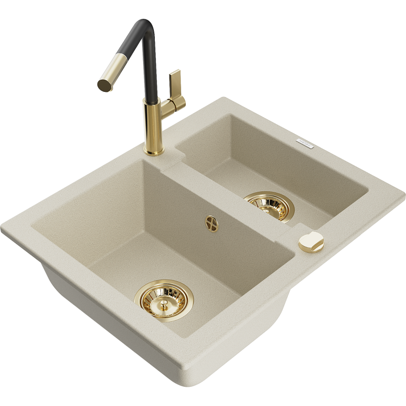 Mexen Carlos évier en granit à 1,5 cuve avec robinet mélangeur Flora, Beige - 6518-69-670401-57-G
