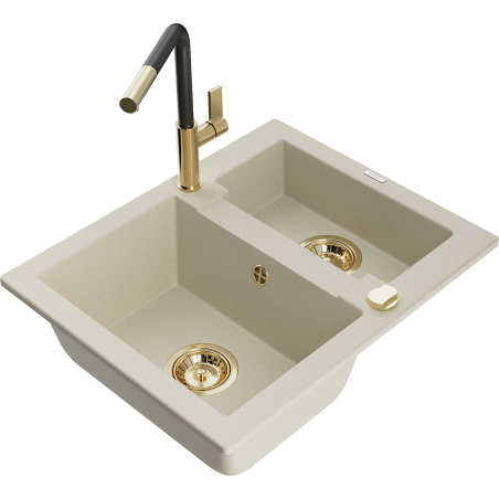 Mexen Carlos évier en granit 1,5 bac avec robinet de cuisine Flora, beige - 6518-69-670401-57-G