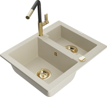 Mexen Carlos évier en granit 1,5 bac avec robinet de cuisine Flora, beige - 6518-69-670401-57-G
