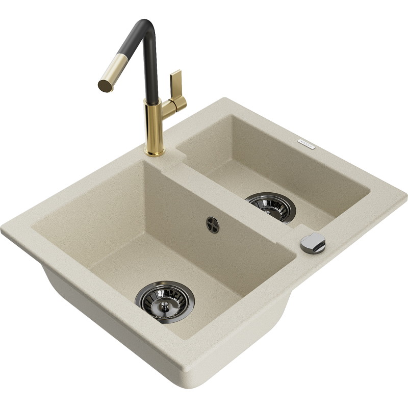 Mexen Carlos évier en granit 1,5 bac avec robinet de cuisine Flora, beige - 6518-69-670401-57-B
