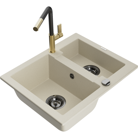 Mexen Carlos évier en granit 1,5 bac avec robinet de cuisine Flora, beige - 6518-69-670401-57-B