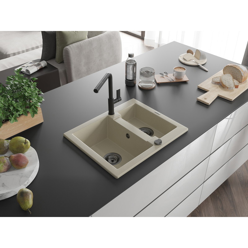Mexen Carlos évier en granit 1,5 bac avec robinet de cuisine Flora, beige - 6518-69-670401-70-B