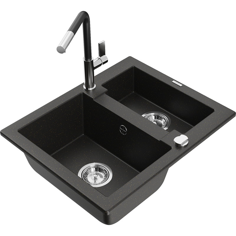 Mexen Carlos évier en granit 1,5 cuves avec robinet de cuisine Flora, noir/métal doré - 6518-75-670401-07