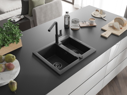 Mexen Carlos évier granit 1,5 cuves avec robinet de cuisine Flora, noir - 6518-77-670401-70-B