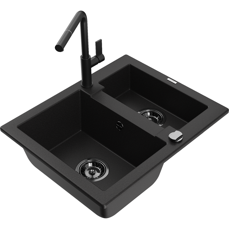 Mexen Carlos évier granit 1,5 cuves avec robinet de cuisine Flora, noir - 6518-77-670401-70-B