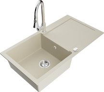 Mexen Leo Évier en granit 1 bac avec égouttoir et robinet de cuisine Elia, beige - 6501-69-670101-00
