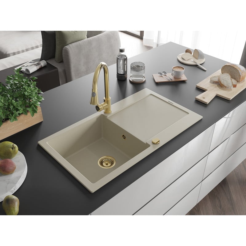 Mexen Leo évier en granit 1 bac avec égouttoir et robinet de cuisine Elia, beige - 6501-69-670101-50