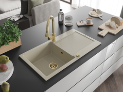 Mexen Leo évier en granit 1 bac avec égouttoir et robinet de cuisine Elia, beige - 6501-69-670101-50