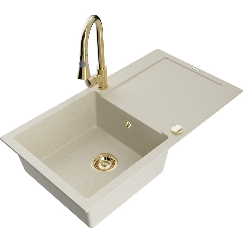 Mexen Leo Évier en granit 1 cuve avec égouttoir et robinet de cuisine Elia, beige - 6501-69-670101-50