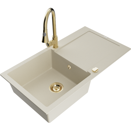 Mexen Leo évier en granit 1 bac avec égouttoir et robinet de cuisine Elia, beige - 6501-69-670101-50